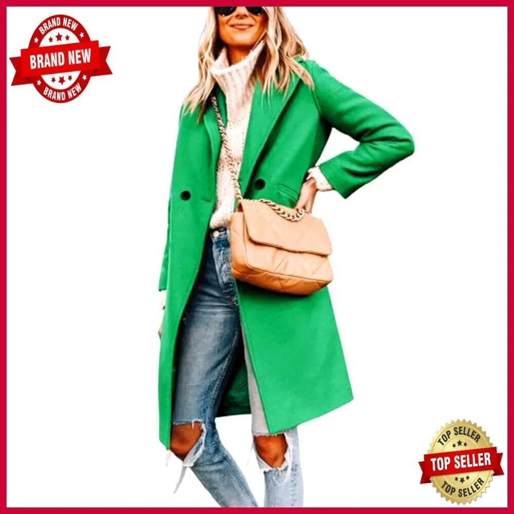Wool Blend Trench Coat Notch Lapel Double Breasted Knee Length Peacoat